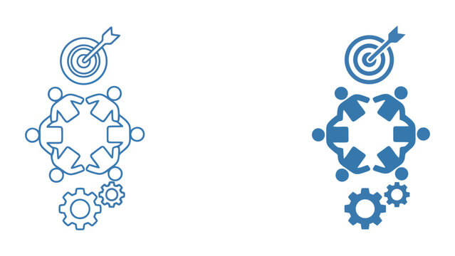Collaborative project goal setting icon showing team members around target with gears and circular arrangement for strategic business planning and professional task management vector graphic