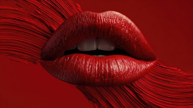 Close-Up View of Glossy Red Lips with Bold Brush Stroke on Vibrant Red Background for Beauty and Makeup Themes