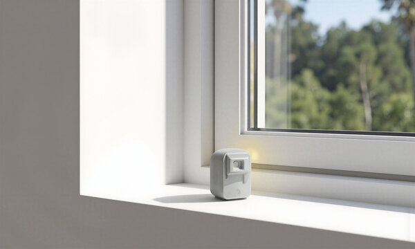 Ambient light sensor sitting on a white window sill in a modern home for smart lighting automation