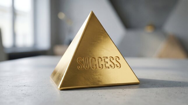 Golden success pyramid, motivational desk sculpture, shiny metal triangle, inspirational office decor