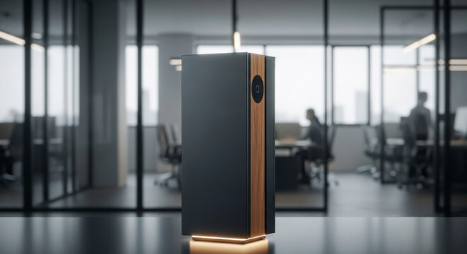 Premium sound system speaker illuminated on desk in contemporary office space