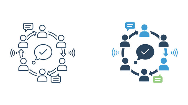 Business team communication and consensus building vector icon set featuring group members in a circular flow with checkmark speech bubble for organizational harmony and collaborative decision making
