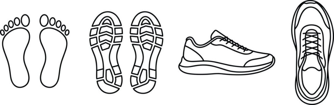 Running sneaker and footprint line art icon set vector with athletic shoe sole print isolated on white background
