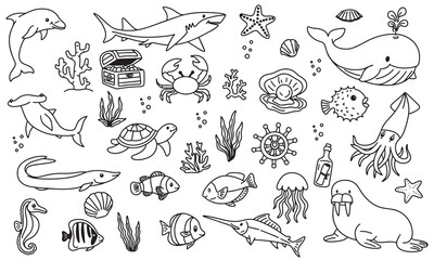 Obraz premium Sea life and ocean animals doodle vector icon set. Hand drawn marine underwater creatures, fish, whale, shark, and coral reef outline elements