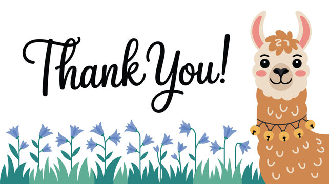 Cheerful illustration of a cute brown llama wearing a bell necklace standing behind blue flowers with the text thank you in cursive.