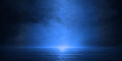 Ethereal blue mist swirls across a dark, reflective surface, illuminated by a dramatic spotlight that hints at mystery and anticipation, creating a moody, atmospheric scene. © QUALITY BOOST