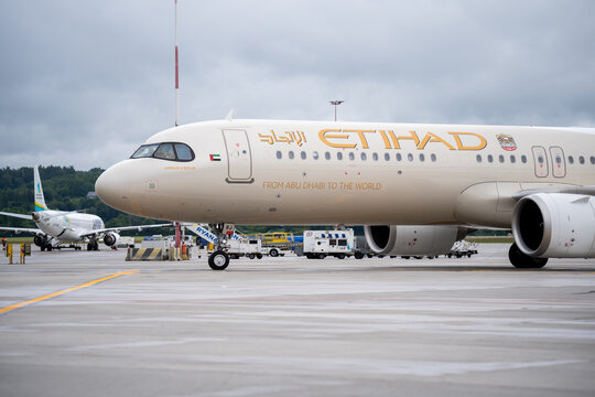 Etihad Airways Airbus A321LR airplane at John Paul II International Krak&oacute;w Balice Airport. United Arab Emirates carrier, airline plane taxiing on a tarmac on June 11, 2026 in Krakow, Poland.