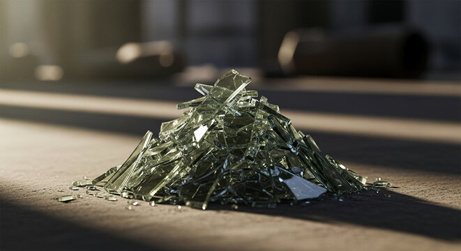 Broken Glass Shards Piled on Concrete Floor Reflecting Sunlight and Shadows