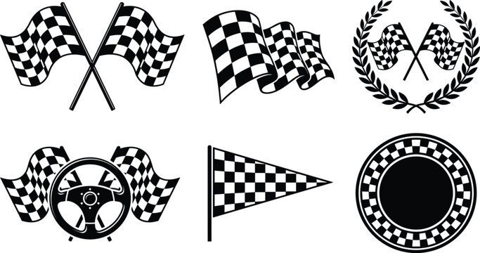 Racing checkered flag emblem set vector with checkered flags steering wheel laurel wreath circle frame isolated on white background