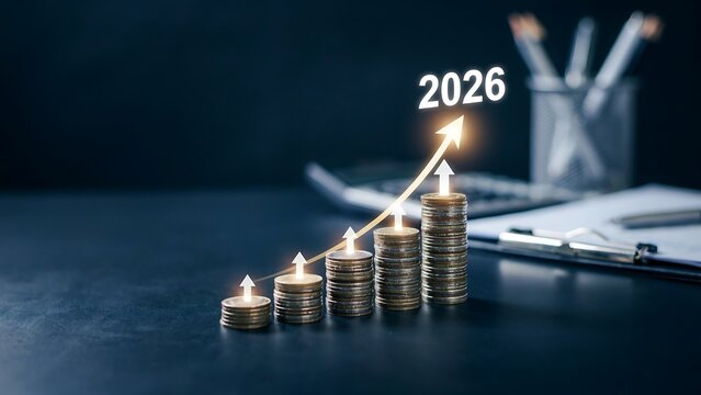 A stack of coins with an upward arrow and the year 2026 on a desk with a laptop and cup.
