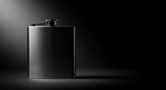 Sleek metal hip flask standing upright under dramatic spotlight on dark background