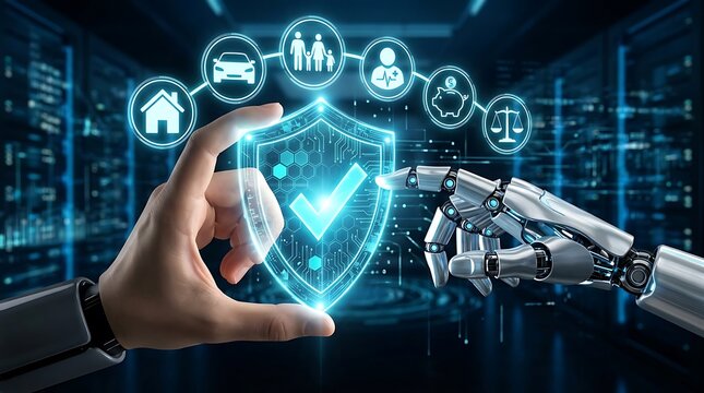 Human hand and robotic hand touching a glowing digital shield with a checkmark and various insurance service symbols in a dark server room
