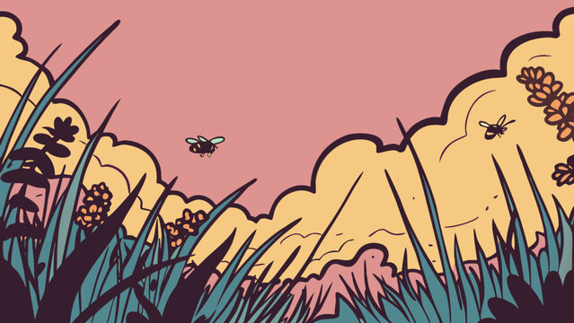 Bees fly above wild grass in a serene summer meadow.
