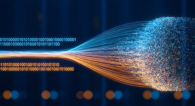 Glowing digital binary data streams flowing into a vibrant particle cloud representing complex information processing and modern artificial intelligence technology