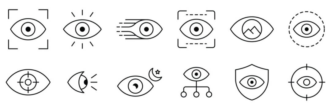 Vision line icons set. Eye concept line graphics for security observation surveillance monitoring focus scanning analytics and data tracking technology.