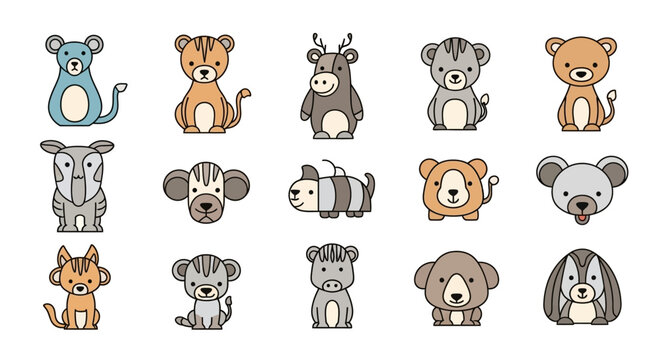 Cute cartoon animal faces icons set.