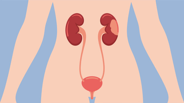 Medical illustration shows the human urinary system including kidneys and bladder with a highlighted lesion on one of the kidney organs.