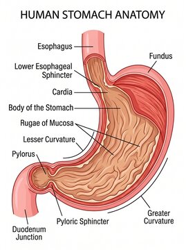 The human stomach anatomy diagram shows the labeled parts of the stomach.