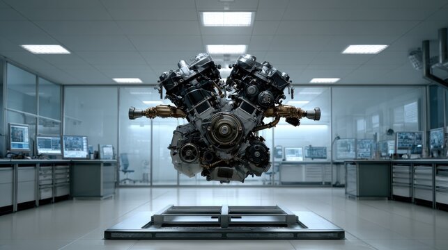 Detailed V8 Engine Model in Modern Laboratory Environment with Advanced Technology and Cleanroom Setup