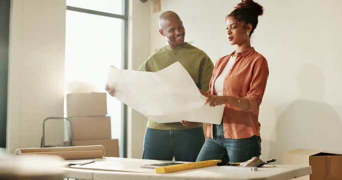 Happy couple, new home or blueprint for renovation, discussion or real estate idea for upgrade. African people, document or architectural planning at house, interior design or remodeling property