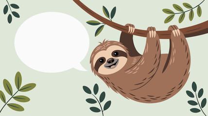 Obraz premium Adorable cute cartoon sloth hanging from a tree branch with green leaves and a blank speech bubble for custom text space.