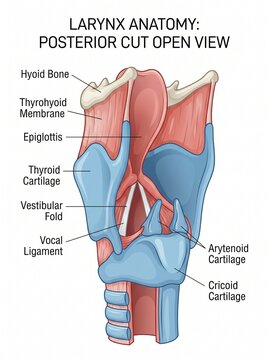 Detailed anatomical illustration of the larynx posterior cut open view showing lobes and cartilage structures