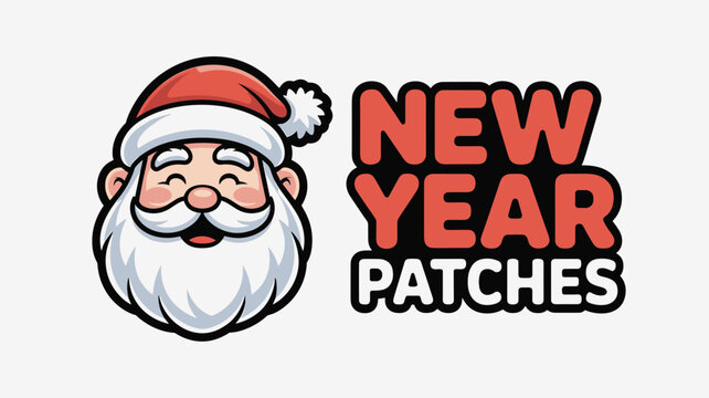Smiling cartoon Santa Claus face patch with the text New Year Patches for festive holiday and Christmas themes.