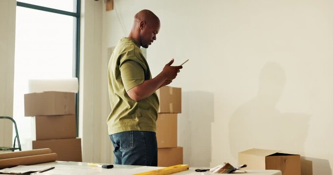 Photography, moving and man with tablet in home, interior design app and virtual decoration planner. Real estate, tech and black person with picture for property rendering, remodeling and staging ai