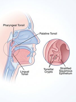 Anatomical diagram of lymphatic vessels and tonsils in the human head