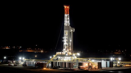 Fototapeta premium Nighttime Scene of a Drilling Rig with Bright Lights and Equipment in an Oil Field Under a Clear Sky