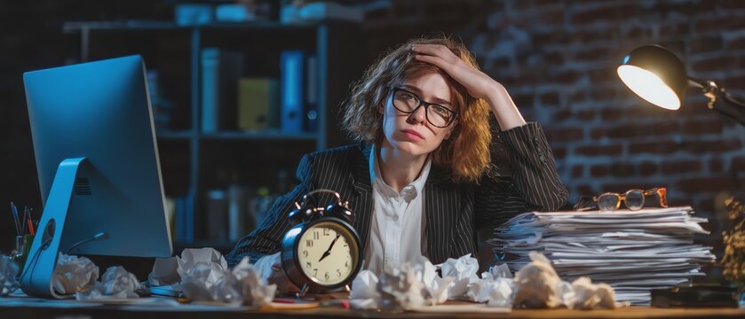 Stressed worker dealing with deadlines at desk.