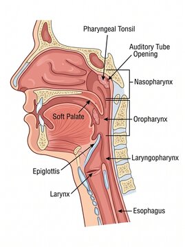 The detailed illustration shows a human head and neck anatomy focusing on the Pharynx and surrounding structures.