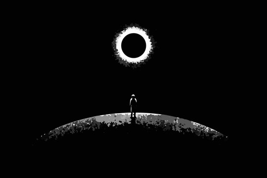 Astronaut silhouette gazing at solar eclipse monochromatic illustration