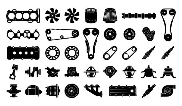 Engine accessories and automotive mechanical parts silhouette icon set