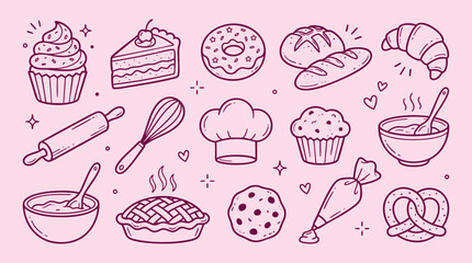 Pastries And Baking Tools, Hand-drawn Vector Illustration