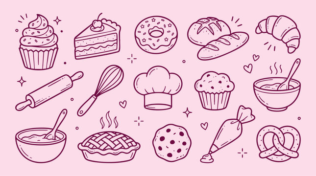 Pastries And Baking Tools, Hand-drawn Vector Illustration