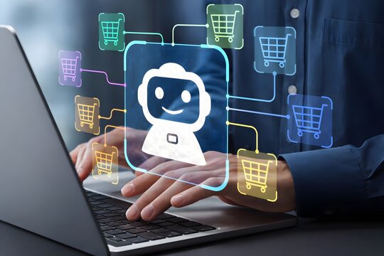 AI agent shopping and booking on internet. Man using laptop computer to give instructions to AI at desk.