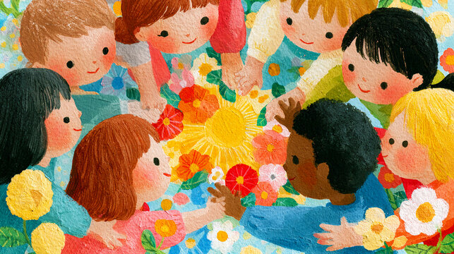 Children of different ethnicities helping one another