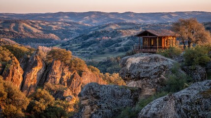 Fototapeta premium Scenic Cabin Overlooking Serene Valley with Majestic Mountains and Warm Sunset Glow in Natural Landscape