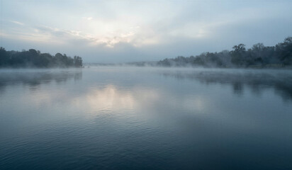 Fototapeta premium Mist clings to still water under soft dawn light. Trees stand hushed at lake's edge, veiled in fog. Sky bleeds pale blue and gray, fading toward horizon. Silent peace holds the scene - no sound