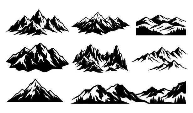 Nine black and white mountain range illustrations vector graphics