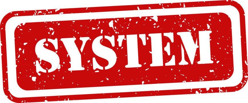 Red rubber stamp graphic with the word 'system' in bold white letters on a white background