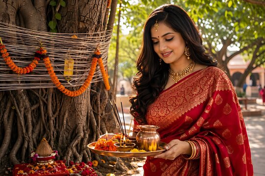 Indian women celebrating Vat Savitri Vrat, Vat Purnima (Pournima), Savitri Amavasya, Bargad Pooja, and the Banyan Tree Festival.