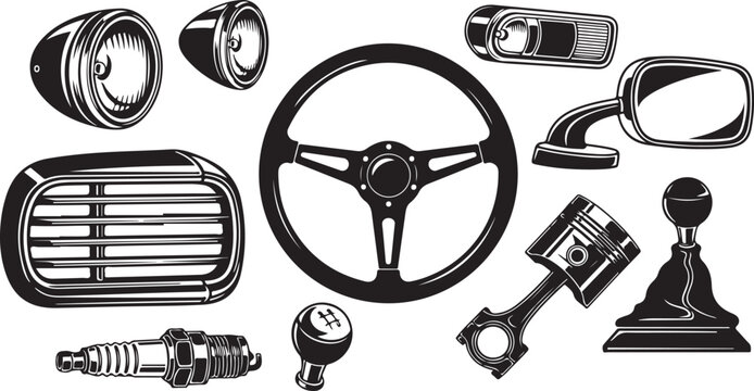 Car parts, automotive components, vehicle accessories, black and white icons