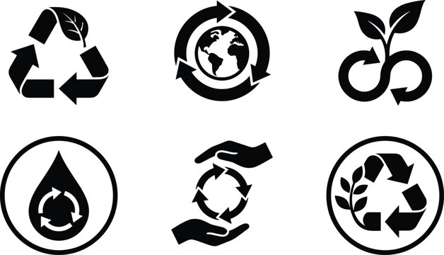 Ecology recycling and sustainability solid black icon set vector with earth globe water drop infinity leaf isolated on white background