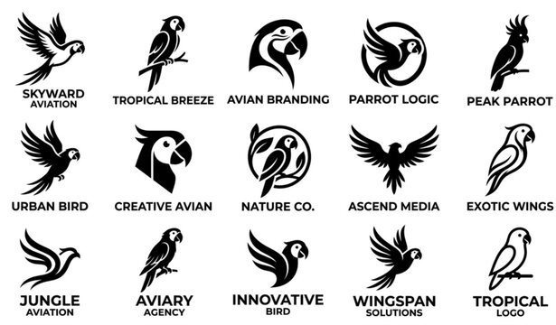 Collection of twelve modern parrot and bird logo designs for branding