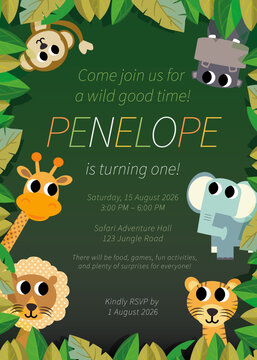 Safari Birthday Invitation Template with Lion, Giraffe and Elephant, 5x7 Inch