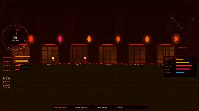 Shared urban spaces in a digital monitoring interface display statistical data points and glowing floating icons over a dark atmospheric grid for analytical city modeling