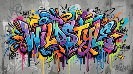 Colorful urban graffiti mural on a concrete city wall with spray paint tags, street art textures, and vibrant youth culture design © Rizky
