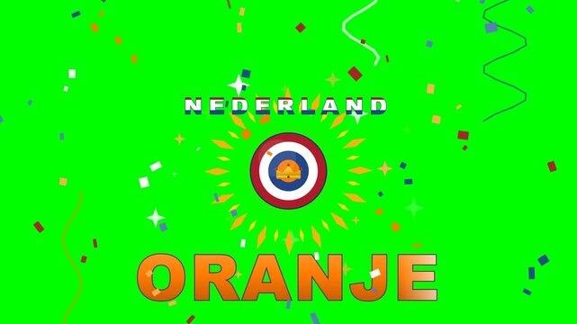 4K green screen Netherlands football celebration with red white blue cockade, gold crown and ORANJE wordmark, orange confetti, chroma key sports overlay loop